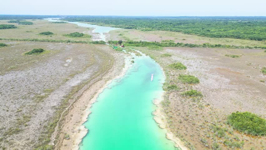 Los Rápidos Turquoise Water And Ancient Stromatolites In Bacalar Lagoon In Quintana Roo, Mexico. Aerial Drone Shot