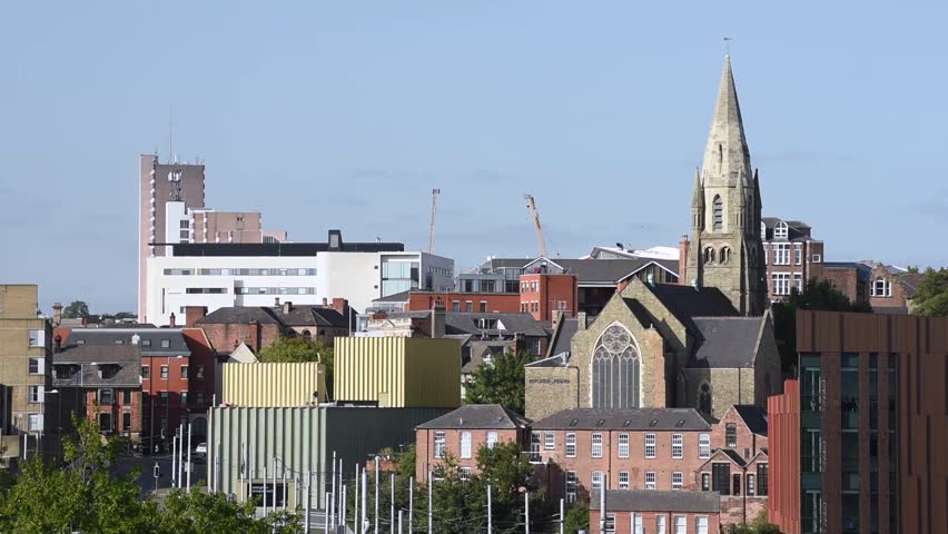Beautiful view of the Nottingham city skyline at the heart of Nottingham city centre, England. This urban cityscape highlights the modern architecture and historic landmarks in the East Midlands.