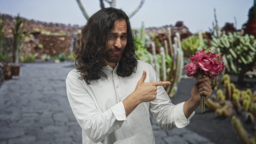 Man smiles and points finger to bouquet of pink flowers in park among cacti and stone path; romance playful charm.