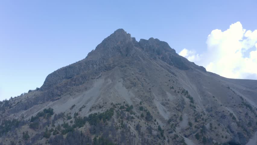 A stunning view of a rocky mountain peak under a bright blue sky with light clouds. Captured in natural daylight, showcasing the beauty and calm of untouched highland nature. Ideal for travel.