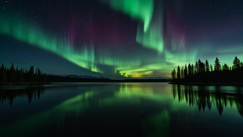 Stunning image of the green Aurora Borealis (Northern Lights) dancing in the starry night sky, perfectly reflected on a tranquil forest lake surrounded by pine trees. Mystical wilderness landscape.