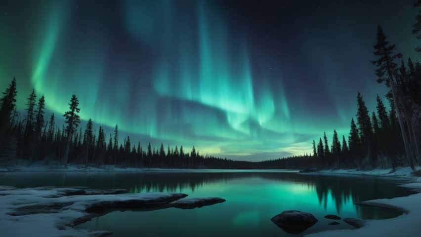 Stunning image of the green Aurora Borealis (Northern Lights) dancing in the starry night sky, perfectly reflected on a tranquil forest lake surrounded by pine trees. Mystical wilderness landscape.