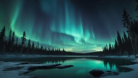 Stunning image of the green Aurora Borealis (Northern Lights) dancing in the starry night sky, perfectly reflected on a tranquil forest lake surrounded by pine trees. Mystical wilderness landscape. - Powered by Shutterstock - Get 15% off with code: PIKWIZARD15