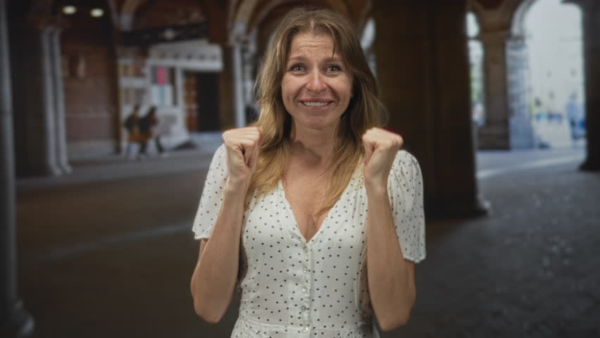 Woman showing hands over mouth and raised fists, polka dot dress standing under building arches with a bicycle passing behind; surprise reaction.