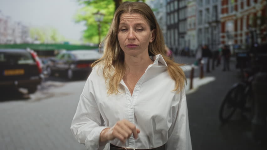 Woman finger to lips for silence on street in urban city scene wearing white shirt and belt; silence secrecy.