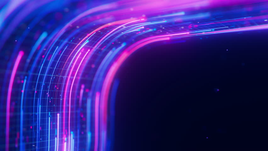 Closeup of Big data light speed flow turn. Abstract digital data stream of quantum computing. Cyberspace of qubit trail waves. Modern tech information transmission.