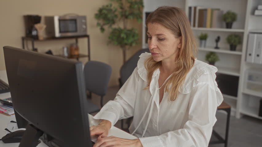 Woman typing on keyboard at a desk in a building while clutching her abdomen for stomachache and pausing between keystrokes; discomfort.