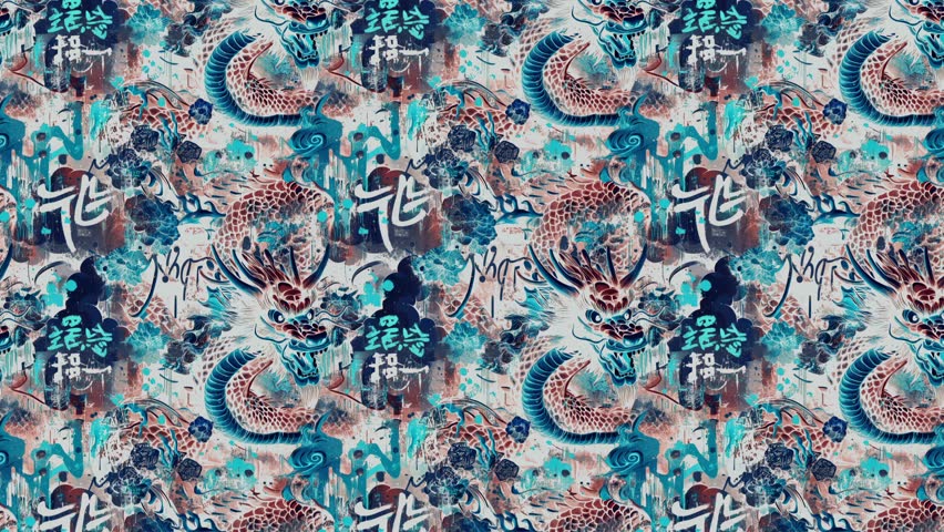 Graffiti-style artwork of an anime dragon on textured wall. Surrounded by brushstrokes, calligraphy, stickers, and vivid pop-art colors. Highly detailed, with grunge mood. Vertical motion