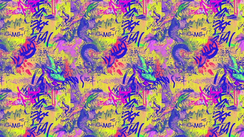 Graffiti-style artwork of an anime dragon on textured wall. Surrounded by brushstrokes, calligraphy, stickers, and vivid pop-art colors. Highly detailed, with grunge mood. Horizontal motion