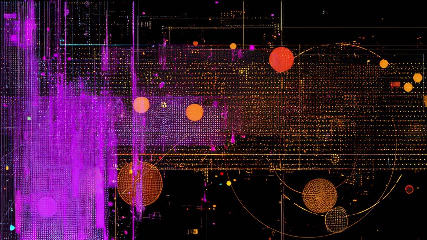 A vibrant magenta and orange digital scene with layered pixel matrices, glowing circular nodes, and intersecting grid frameworks over a black backdrop. Neon particles and rectangular fragments add dynamic complexity to the composition. The visual style aligns with cyberpunk design through saturated color contrast, luminous interface graphics, and glitch-inspired layering. Suitable for event screen visuals and LED display backgrounds.