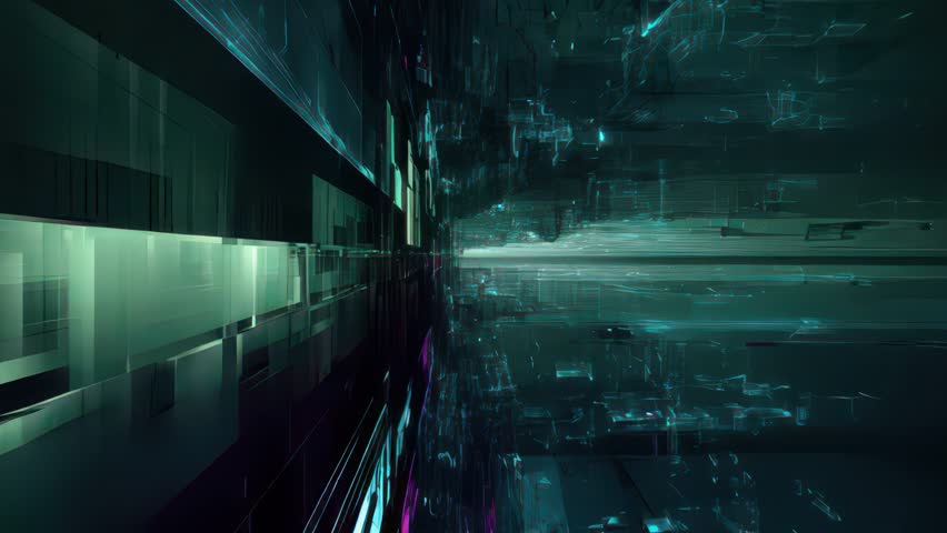 HUD animation showing multi-panel data waves, scattered neon symbols, and high-tech UI layouts. Neon glitch control screen with magnetic pulses, HUD distortion, and flickering trajectory paths.