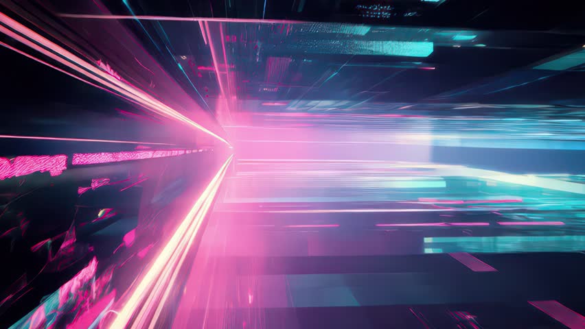 VJ loop interface with clean glitch strokes, flowing light ribbons, and panel flick transitions. Cyberpunk UI grid with broken control nodes, motion wave glitches, and glowing interface signals.