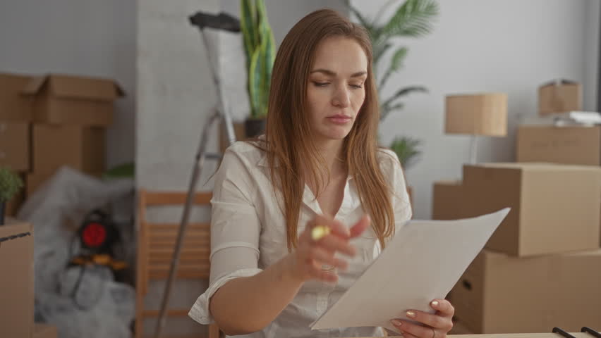 Woman reading documents with pencil and flipping pages inside building surrounded by packed boxes and ladder; uncertainty.