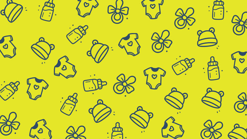 Doodle baby icons of bottle, pacifier, hat, onesie on yellow background. Perfect for baby shower invitations, nursery decor, babyrelated designs.