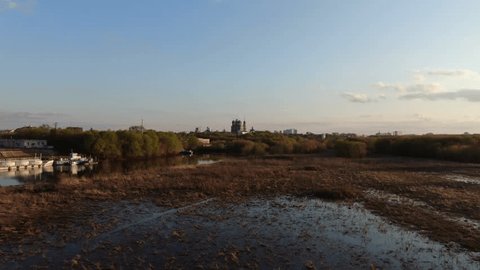 Aerial Drone Flight over River to Ryazan Kremlin