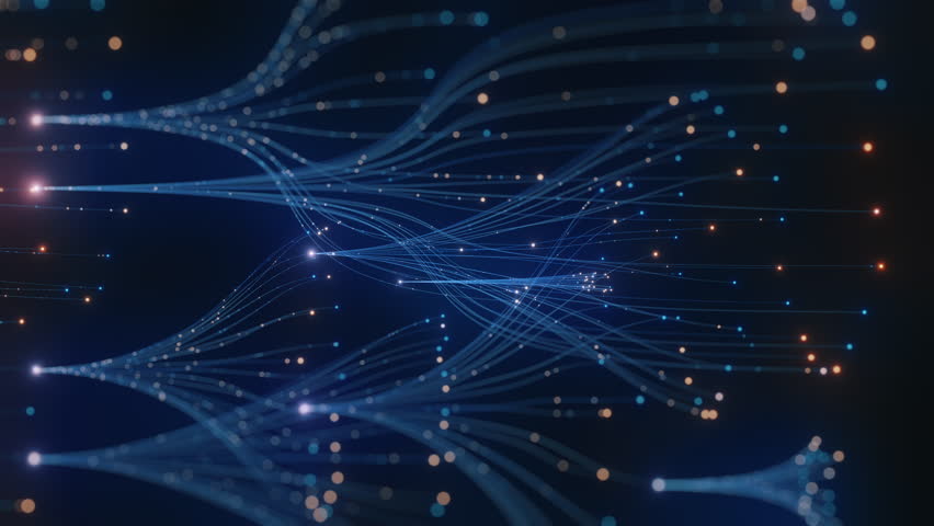 Abstract AI neural network concept. Blue glowing lines, interconnected data, digital particles on dark background. Represents technology, big data, machine learning, global communication, future.