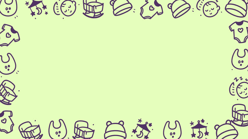 Doodle baby drawings border on light green background. Suitable for baby shower invites, nursery decor, baby products, and childthemed designs.