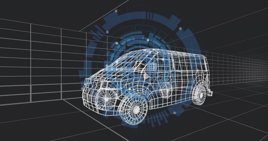 Large blue ring appearing behind van, rotating HUD rings pulsing, highlighting mesh for diagnostics. Vehicle, outline, grid, parallax, circles, overlay, futuristic