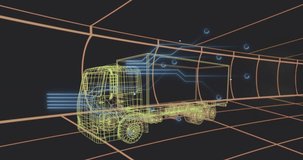 Neon wireframe truck receiving scan pulse, blue HUD nodes traveling and diagnosing telemetry. Vehicle, grid, tunnel, orange, yellow, green, cyan - Powered by Shutterstock - Get 15% off with code: PIKWIZARD15