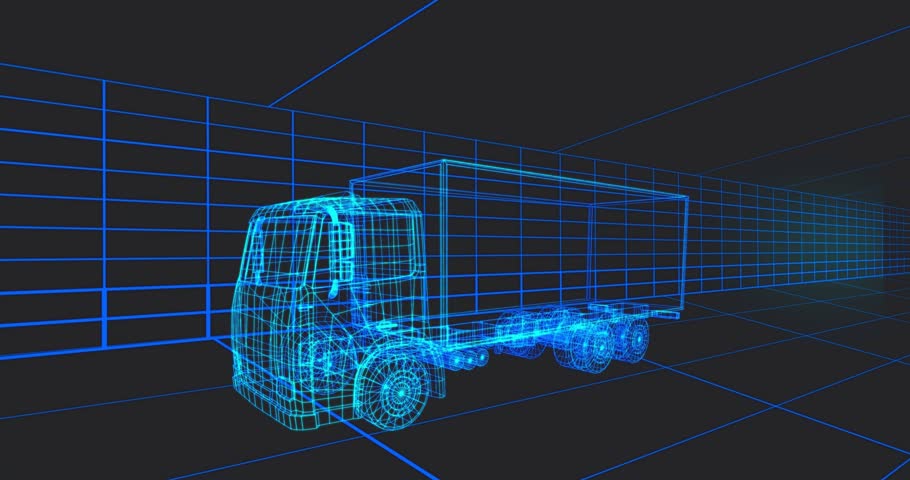 HUD fading in starting scan, cyan wireframe truck doing diagnostics, map lighting, overlays fading. Grid, holographic, futuristic, dashboard, telemetry, analysis, hexgrid