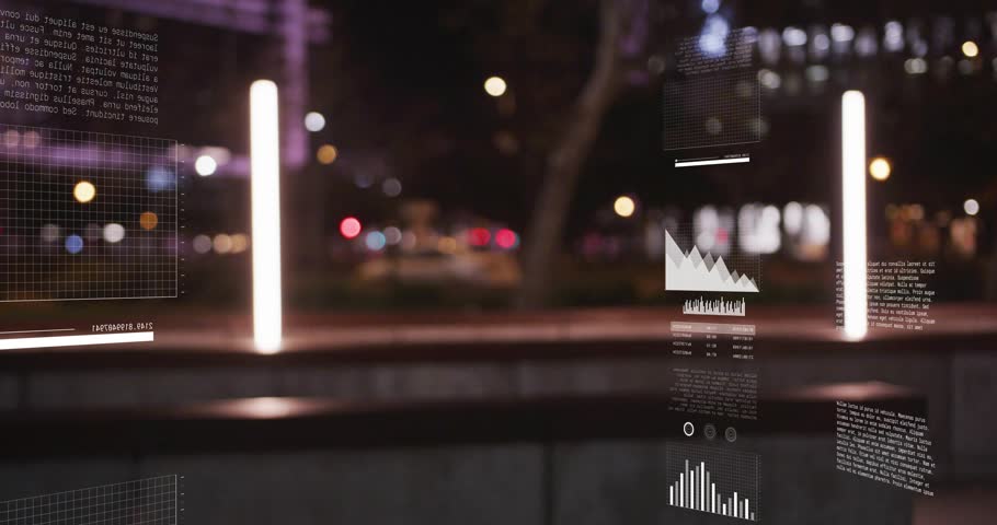 Man sitting on bench at night tapping phone and checking finance data, causing AR charts expanding. Urban, evening, holographic, overlays, visualization, mobile, earphones