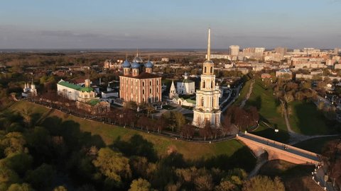 Aerial Approach to Ryazan Kremlin at Sunset