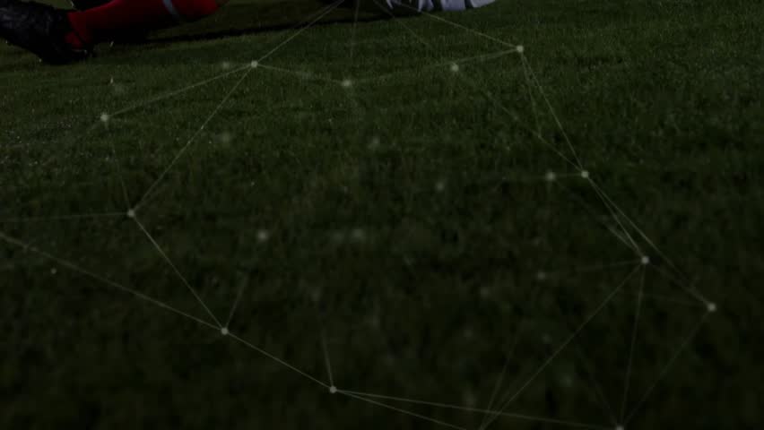 Male soccer player curling on turf near goal, reacting to knee pain while network overlaying frame. Athlete, grass, night, stadium, field, digital, grid - Powered by Shutterstock - Get 15% off with code: PIKWIZARD15
