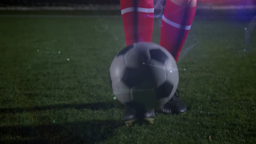 Camera pulling back, player juggling chesting ball by goal, showing skill with flares for sports. Soccer, sphere, night, turf, stadium, flare, overlay