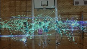 Five players shifting by school hoop tracking rising orange ball as teal wave sweeping mid rebound. Basketball, gymnasium, turquoise, teamwork, classmates, youth, energy - Powered by Shutterstock - Get 15% off with code: PIKWIZARD15