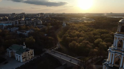 Aerial Flight from Ryazan Kremlin to Church of the Savior on the Yar at Sunset
