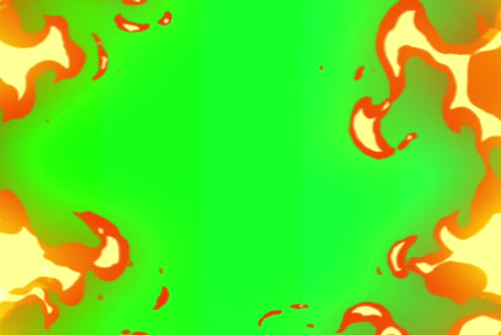 A lively, hand-drawn, cartoon-style animation of fire or flames that frame the edges of the screen, leaving a large central green screen area. This high-energy chroma key element is perfect for intro.
