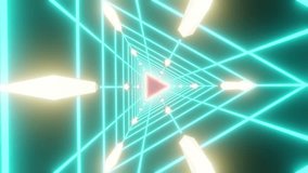 This looping animation renders a perspective tunnel of interconnected cyan wireframe lines converging toward a central red triangular portal, illuminated by glowing white pyramidal beacons against a d - Powered by Shutterstock - Get 15% off with code: PIKWIZARD15