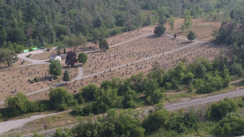 An aerial view of a cemetery. 