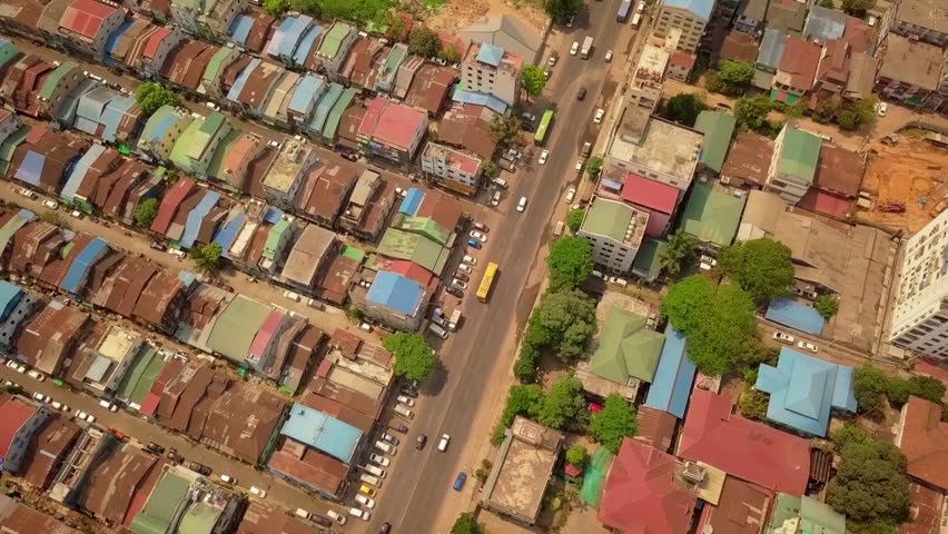  Futuristic aerial view panorama of developing Yangon city , Aerial view of Sule pagoda in downtown, Yangon, Myanmar. Sule Pagoda located in the heart of Yangon, Karaweik royal barge, Kandawgyi Lake, 