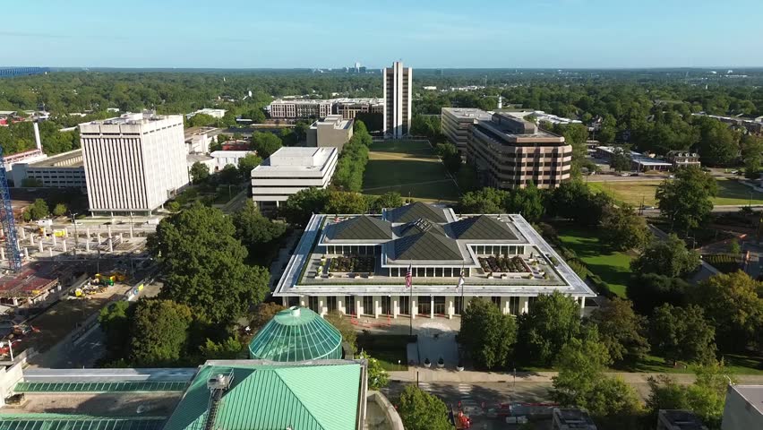 Aerial view of the NC State Legislature building and state government complex in Raleigh