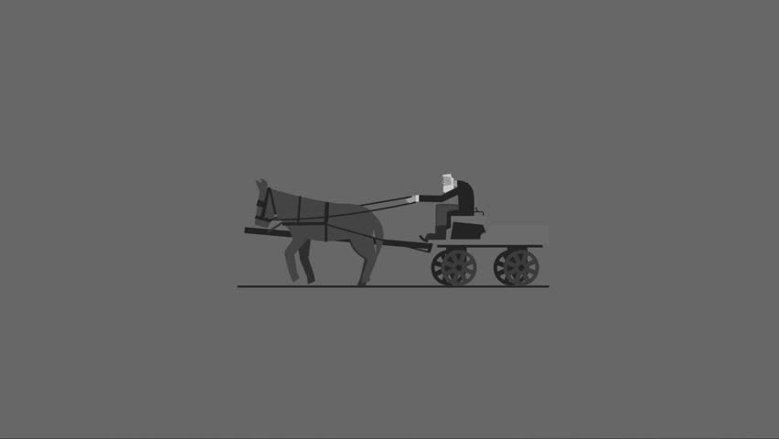 Minimalist 2D loop animation of a horse pulling a traditional cart with a driver.