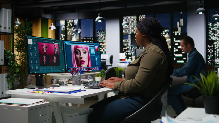 Graphic designer using AI chatbot turning text prompt into photos and retouching, ensure original content for clients. Creative woman using machine learning for photographer portfolio. Camera A.