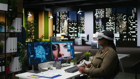 Black female graphic designer uses VR glasses and AI to edit photos, retouching content and generating professional pictures. Editor turning text to image with virtual reality. Camera A. - Powered by Shutterstock - Get 15% off with code: PIKWIZARD15