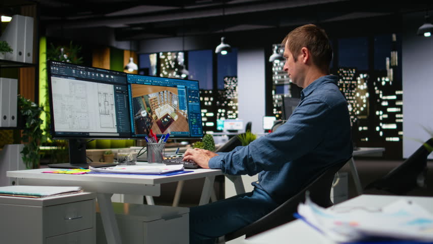 Professional worker in creative office uses CAD software and blueprints plan, designing house interior with user interface for virtual home customization. Detailed architectural layout. Camera A. - Powered by Shutterstock - Get 15% off with code: PIKWIZARD15