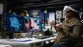 African american woman uses VR headset and AI to edit photos, retouching content and generating professional materials. Graphic editor turning text to image with virtual reality. Camera A. - Powered by Shutterstock - Get 15% off with code: PIKWIZARD15