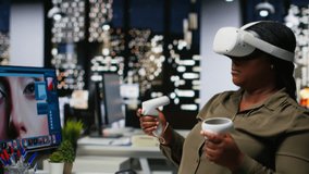African american woman uses VR headset and AI to edit photos, retouching content and generating professional materials. Graphic editor turning text to image with virtual reality. Camera B. - Powered by Shutterstock - Get 15% off with code: PIKWIZARD15