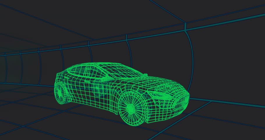 Code panels appearing from left, sliding across neon-green wireframe car, layering and showing demo. Cyber, holographic, cyan, grid, depth, parallax, translucent