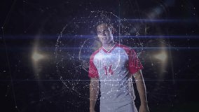 Male athlete gesturing sports sphere, activating for practice, bracing ball from left and heading. Holographic, network, backlight, soccer, header, studio, cinematic - Powered by Shutterstock - Get 15% off with code: PIKWIZARD15
