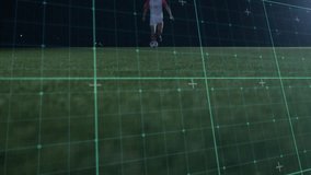 White-and-red player dribbling at night, blue player sliding to win possession, grid tracking play. Soccer, ball, outdoor, nighttime, floodlights, augmentedreality, rivalry - Powered by Shutterstock - Get 15% off with code: PIKWIZARD15