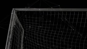 Goalkeeper tracking incoming ball, timing leap, deflecting shot, protecting goal, particle net. Soccer, crossbar, save, sports, arena, glow, motion - Powered by Shutterstock - Get 15% off with code: PIKWIZARD15