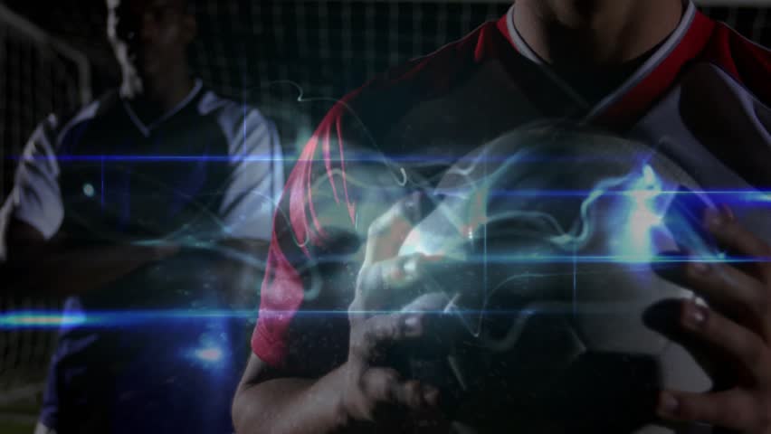 Foreground soccer player holding ball blue streaks sweeping driving camera revealing face sports ad. Athleticism, promo, cinematic, neon, backlit, outdoor, stadium