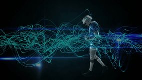 Male athlete entering studio, passing teal waveforms across chest, cradling football preparing play. Player, helmet, pads, jersey, cleats, pigskin, neon - Powered by Shutterstock - Get 15% off with code: PIKWIZARD15
