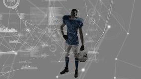 Player shifting and pointing as football data overlays prompt gesture, highlighting helmet, metrics. Athlete, studio, futuristic, holographic, infographic, analytics, jersey - Powered by Shutterstock - Get 15% off with code: PIKWIZARD15