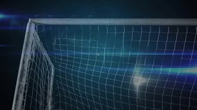 Goalkeeper tracking incoming ball, timing leap saving while HUD nodes mapping net for sports tech. Goalie, crossbar, gloves, stadium, night, overlay, futuristic - Powered by Shutterstock - Get 15% off with code: PIKWIZARD15