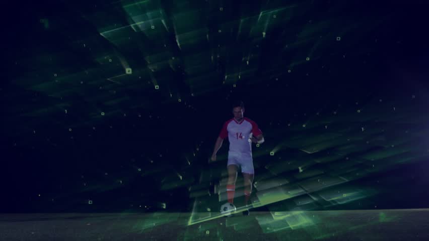 Soccer #14 evading sliding tackle, keeping ball and checking opponent, green grid sweeping players. Football, holographic, digital, studio, dribbling, intensity, competition - Powered by Shutterstock - Get 15% off with code: PIKWIZARD15